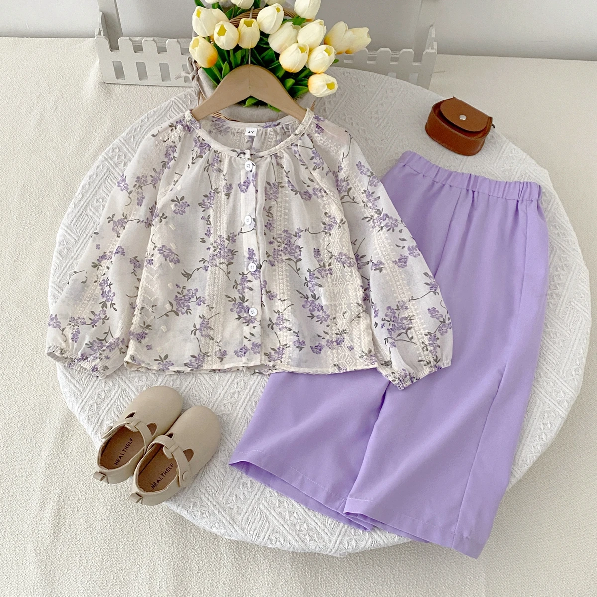 Girls Casual Suits New Jacquard Chiffon Printed Thin Long-Sleeve Wide-Leg Pants Kids Outfits Girl Clothing Sets