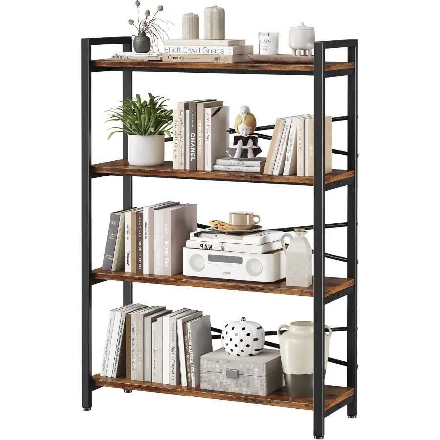 

4-х уровневая книжная полка. Органайзеры для книг и хранение книг шириной 31,49. Высокий книжный шкаф из дерева и металла. Организация книжной полки в деревенском стиле и хранилище.