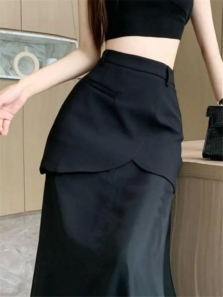 

Ele High Waist Me Skirt Suit Thin Design Splicing Long Skirt Women's Spring Faionable Ladylike Polyester A-Line Skirt