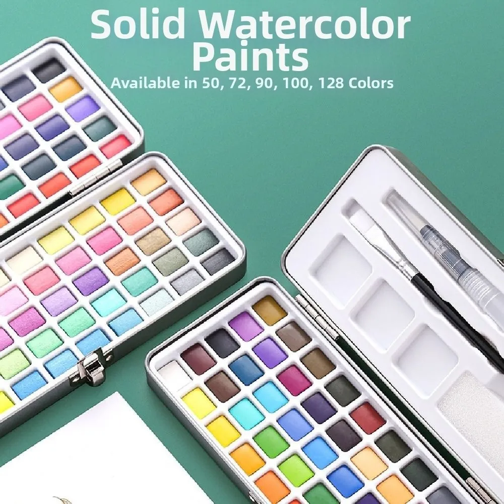 

50/72/90/100/128 Color Solid Watercolor Paint Set Professional Portable Watercolor Pigment Kit Metal Box with Painting Brush