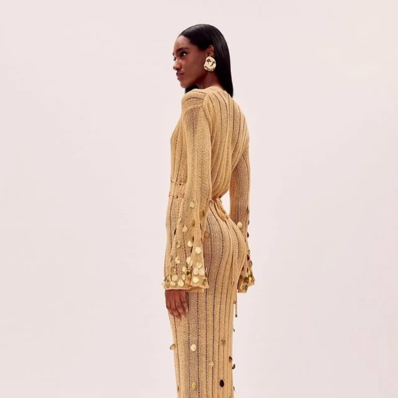 Shinny Sequin Knitted Maxi Dress Deep Neck Lace Up High Waist Long Robes See Though Party Club Dresses 2025 New Lady Clothing image 4