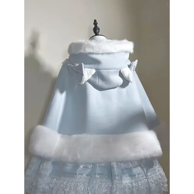 

Winter 2026 New Lolita Shawl Overcoat Women Design Bow Hooded Patchwork Kawaii Cope Coat Female Warm Chic Sweet Fur Collar Coat