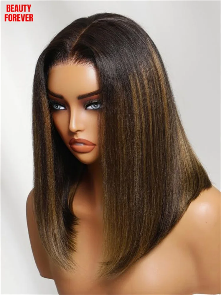 

Бесшовный парик Beautyforever Bye Bye Slip Balayage Brown Bob из натуральных волос, прямые волосы Yaki, 7x5, с предварительно нарезанным кружевом, без клея