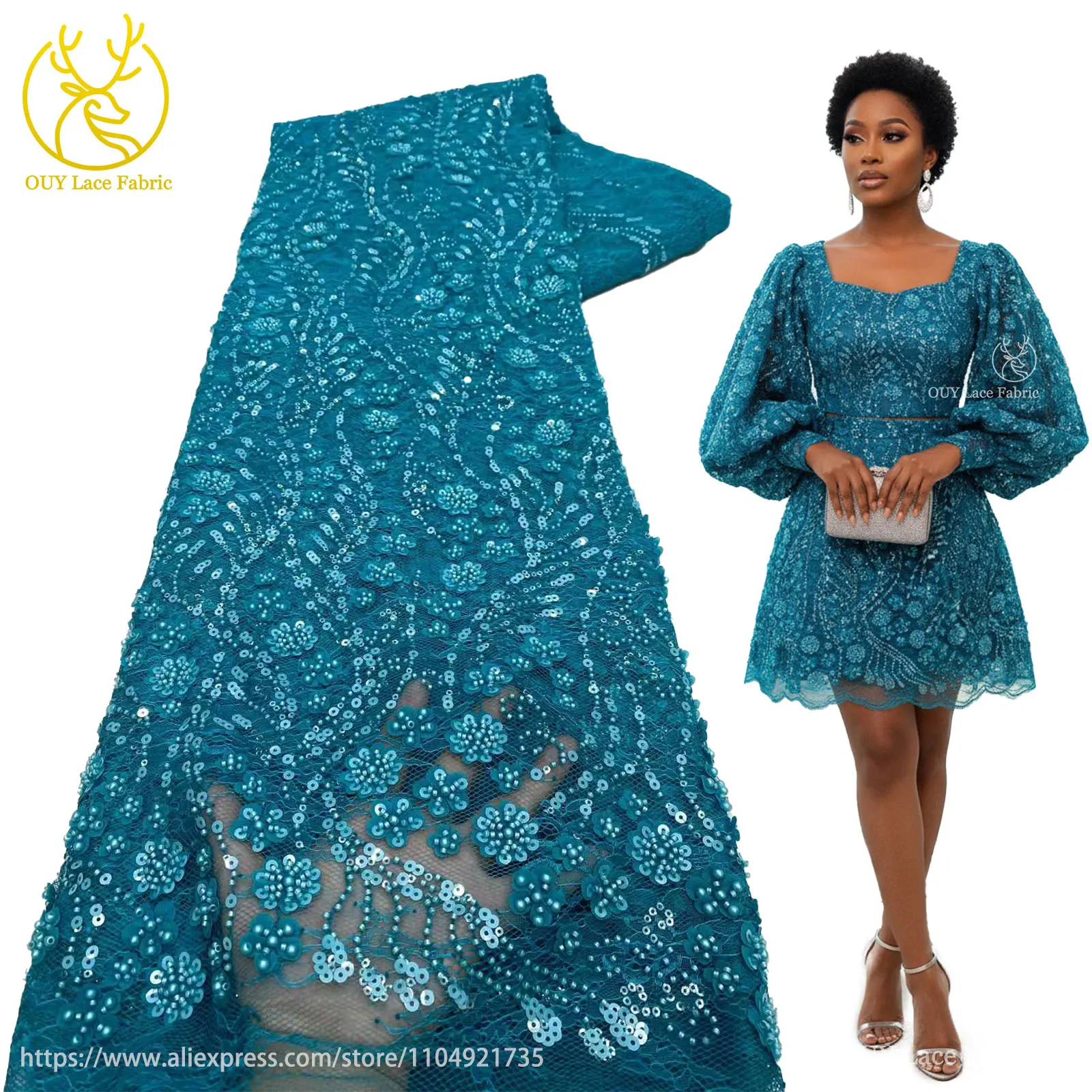 

Newest 2025 French Sequin Embroidery Lace Fabric 5 Yards African Nigerian Mesh Beaded Lace Fabric for Party Dinner Dresses