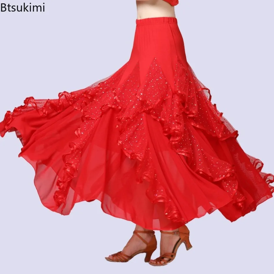 

Юбки для бальных танцев, новая большая распашная юбка с блестками, юбка для современного танца, социальная танцевальная юбка, одежда для танцевальной практики, одежда для соревнований