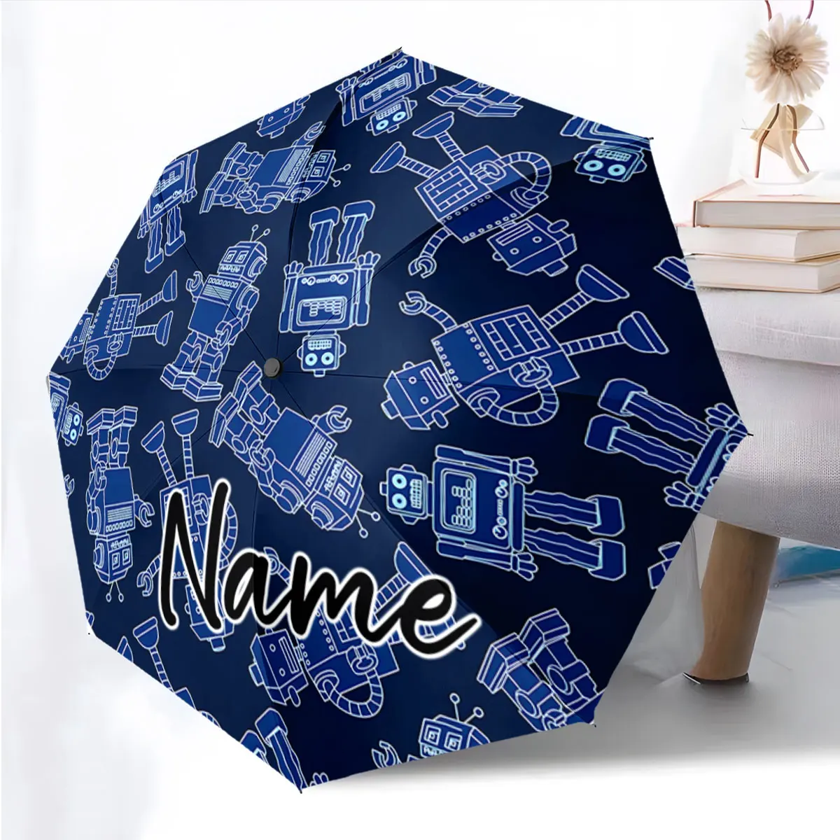Custom Name Creative Robot-Themed Umbrella Design on Dark Print 8 Iron Ribs Folding Umbrella Auto-Open Fashion Sunshade