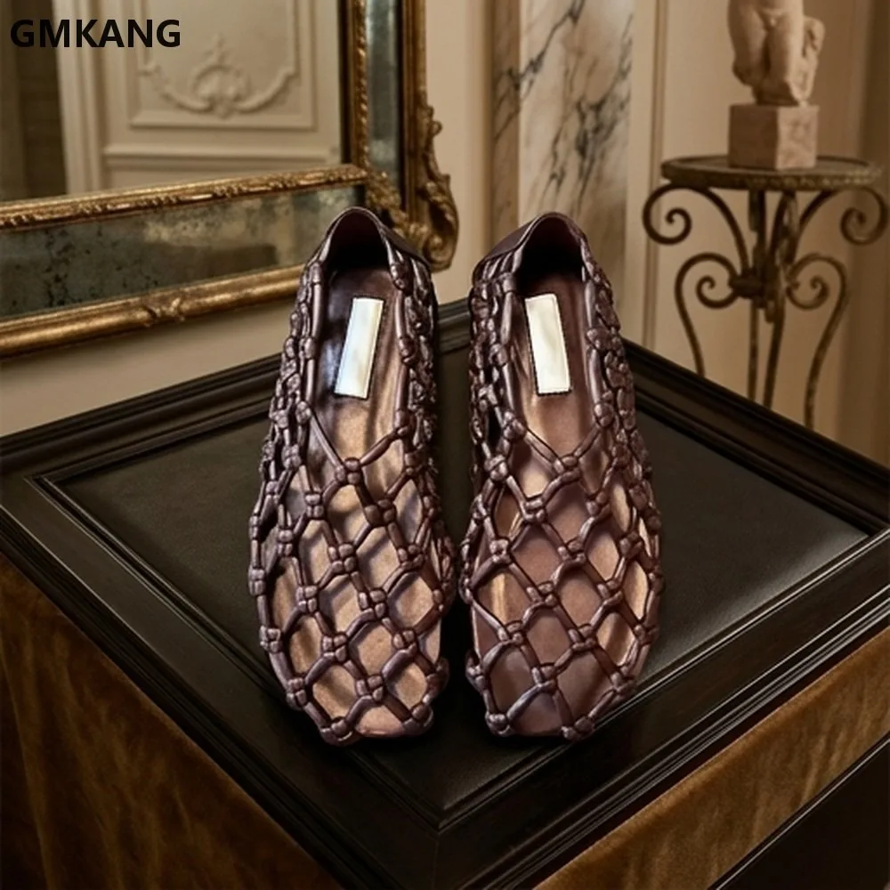 Women's Knitted Mesh Hollowed Out Flat Sandals, Breathable Round Toe Summer Slip On Shoes, Casual Comfortable Walking