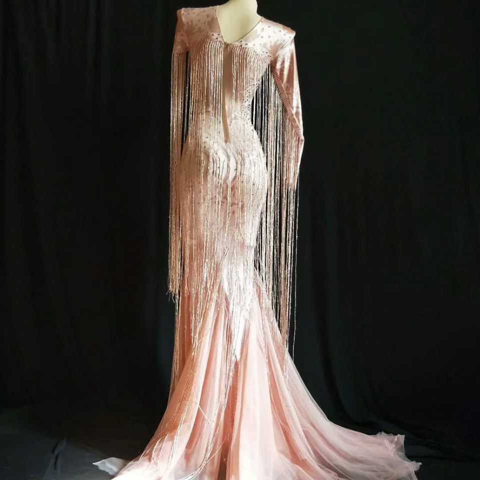 Sparkly Rhinestones Women Evening Party Costume Nightclub Party Singer Performance Stage Wear Wome Sexy Tassel Pink Long Dress
