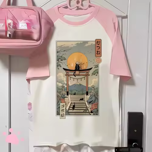 Aesthetics Japanese Grunge T-shirt Y2k Harajuku Anime Cartoon Cat Tops Tees Short Sleeve Women Kawaii Clothing Streetwear - Image 5