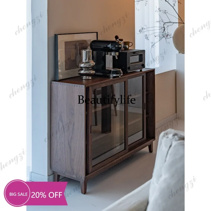 02A Straight edge short cabinet dining side cabinet living room large capacity storage display cabinet pure wood black