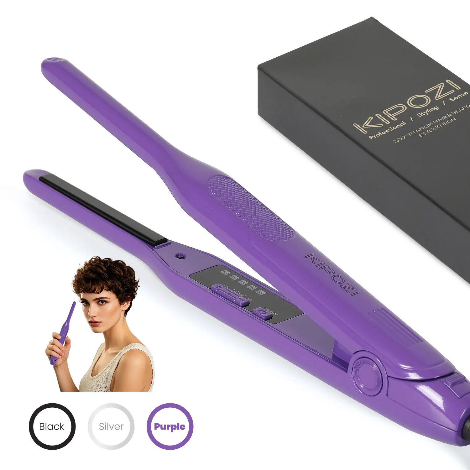 KIPOZI-plancha de pelo pequeña de titanio, corte Pixue de pelo corto, plancha de pelo plano de doble voltaje, alisador de barba de lápiz fino