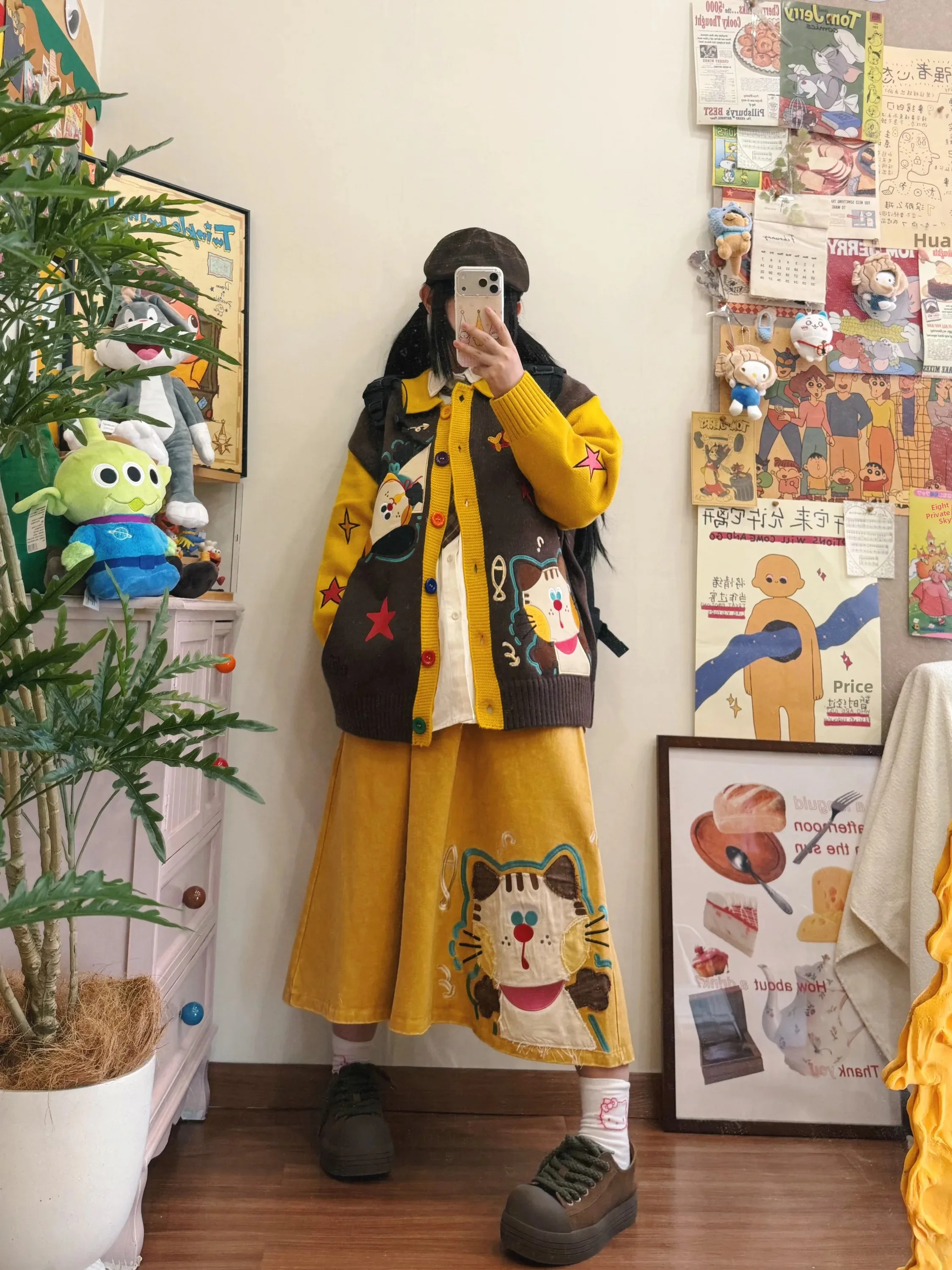 BIBULU Retro Cartoon Embroidery Color Block Knitted Loose Women's Sweater Autumn Winter Street Style Open Cardigan Coat Trendy