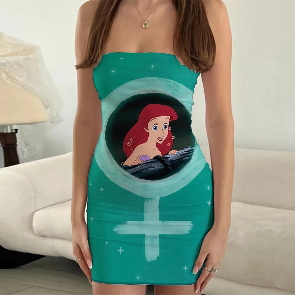 Vestido corto de Disney sin tirantes con estampado de Ariel para verano, minivestido Bandeau Sexy para fiesta y Club, 2023