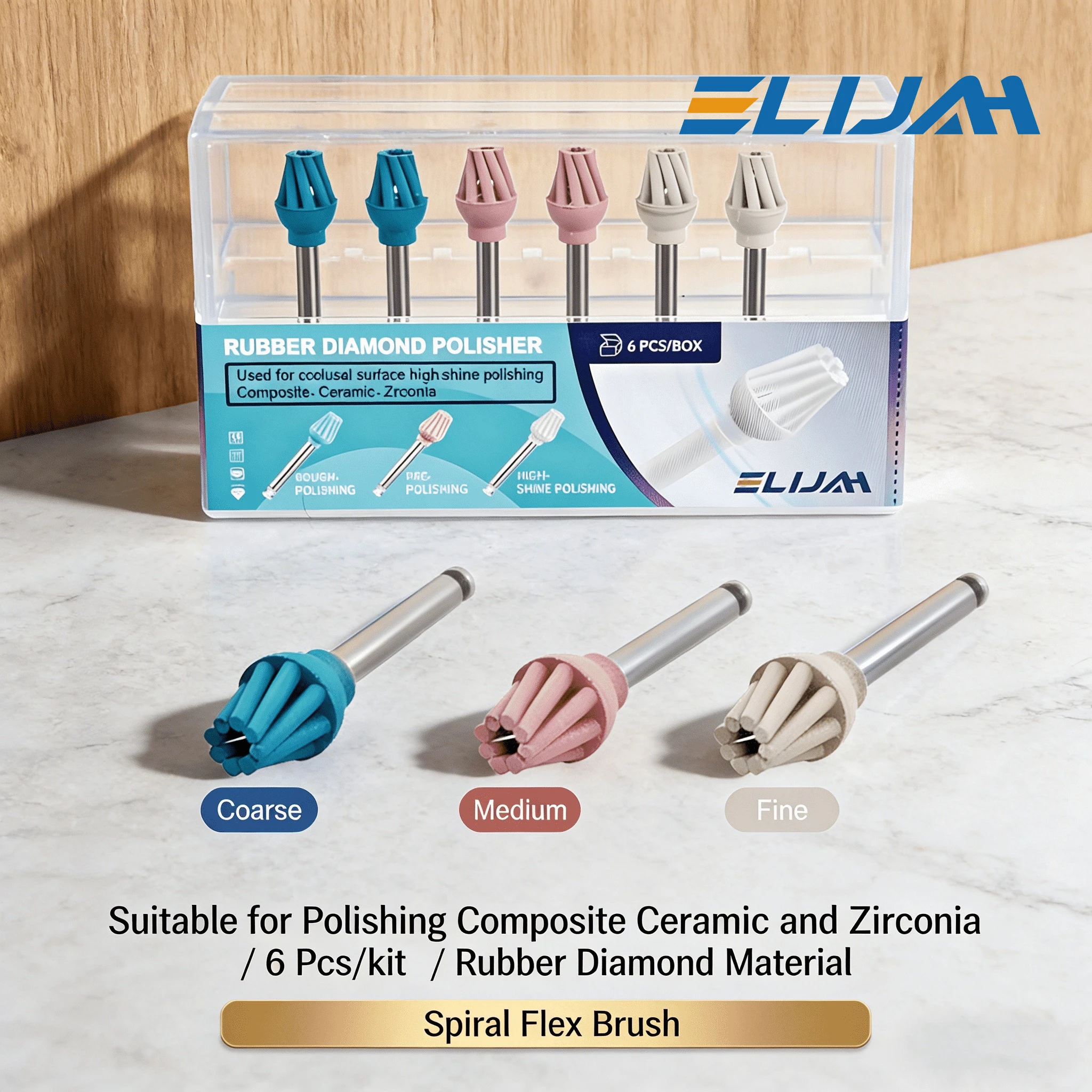 ELIJAH Dental 6Pcs/3Box Eagle Polisher Rubber Diamond for RA Coarse/Medium/Fine Spiral Flex Brush Kit Composite Polishing Tools