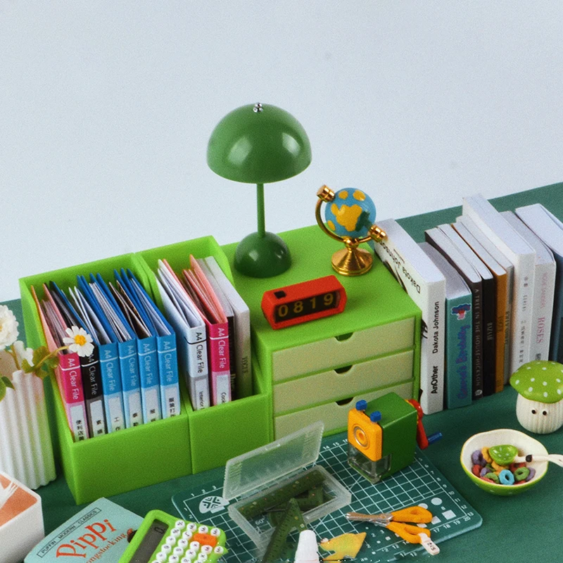 Dollhouse Miniature Bookshelf Storage Rack Dollhouse Desk Shelf Furniture File Storage Stand Drawer Model Life Scene Decoration