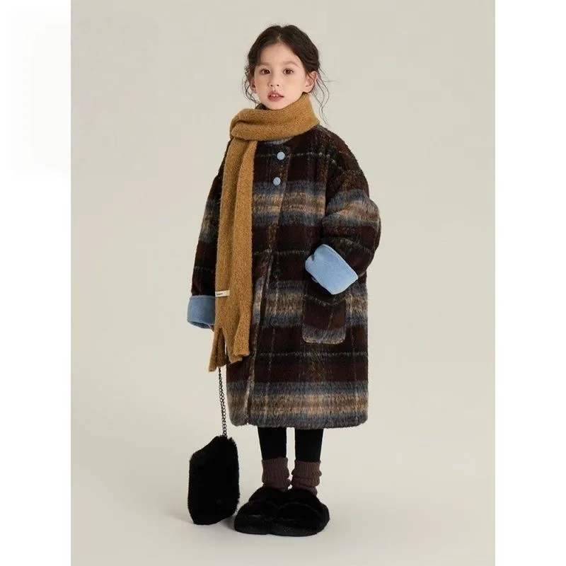 

Autumn Children Girls Plaid Fleece Coat Korean Winter Junior Girl Over Coat Contrat Cotton Padded Toddler Kids Girls Velvet Coat