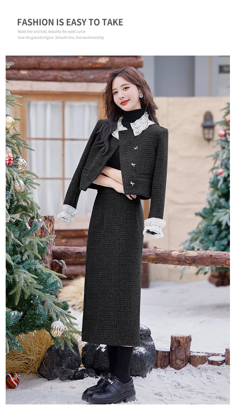 Classic Style Wool Set for Women Female Office Lady 2024 Autumn/Winter Popular Elegant Full Set with Skirt Two-piece Hot Sale