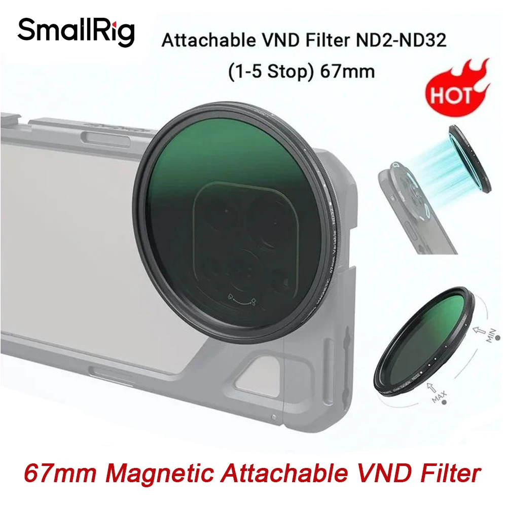 

Магнитный прикрепляемый фильтр SmallRig 67 мм ND2-ND32 (1-5 остановки) с резьбовым фильтрующим кольцом 67 мм для iPhone 15 Pro, S24 Ultra -4581