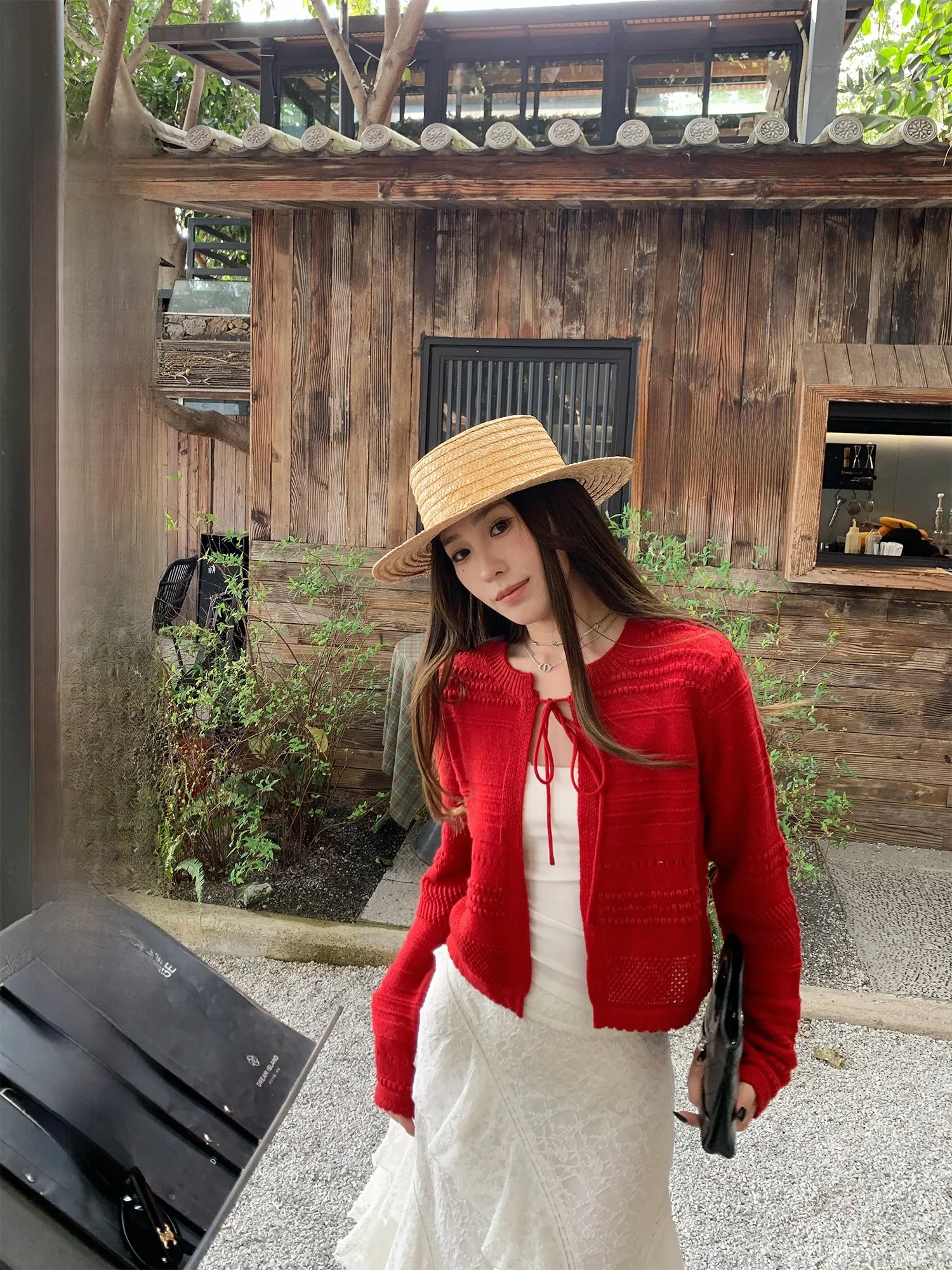 

Hhyii Holiday Винтажный красный ажурный вязаный кардиган женский весенне-летний, элегантный, солнцезащитный, в французском стиле, свободного кроя