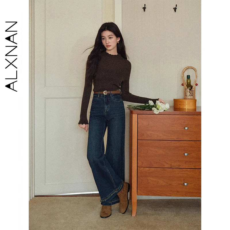 ALXNAN-suéter de lana rosa para mujer, prenda de punto de manga larga con cuello redondo y orejas de madera, jerséis de manga larga para otoño 2025, L578115-1