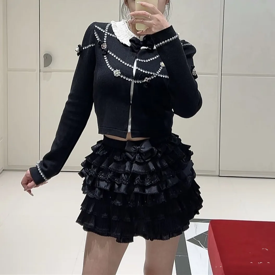 الراقية الأوروبية Sle اللؤلؤ التطريز طويل Sve سترة محبوكة المرأة الحلو فضفاضة تناسب معطف ort تنفس