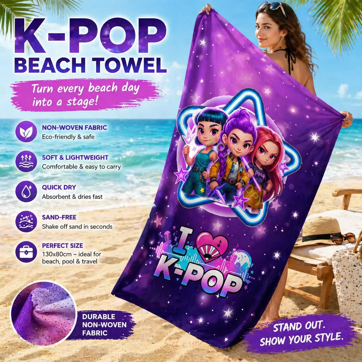 I Love K-Pop Beach Towel Purple Cartoon Idol Girls Flat Print Soft Bath Towel for Summer Travel Swimming Pool Sand Free