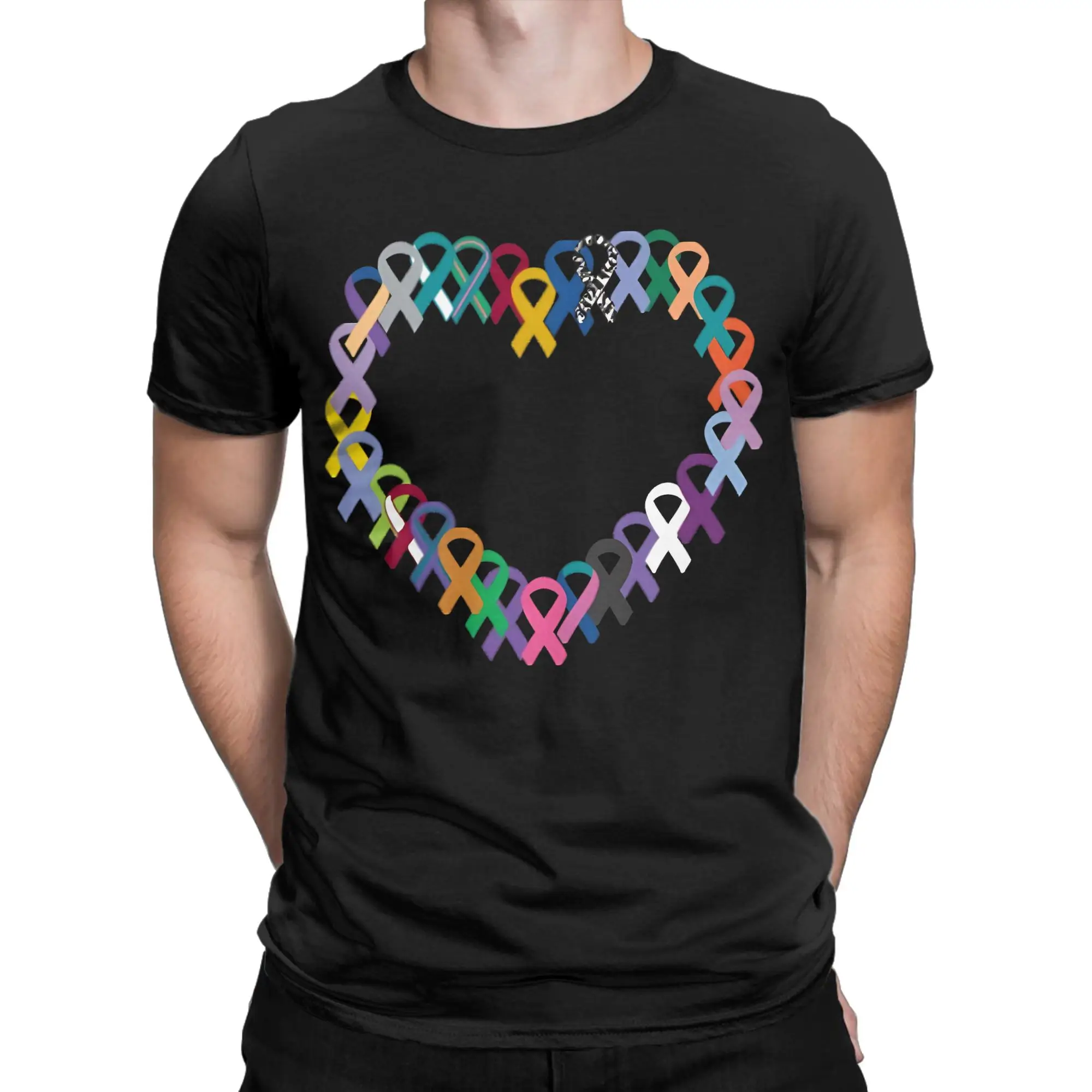 Heart Shaped Cancer Ribbons Classic Breast Cancer Awareness Graphic 100% Cotton T-Shirt Tops Tees For Men