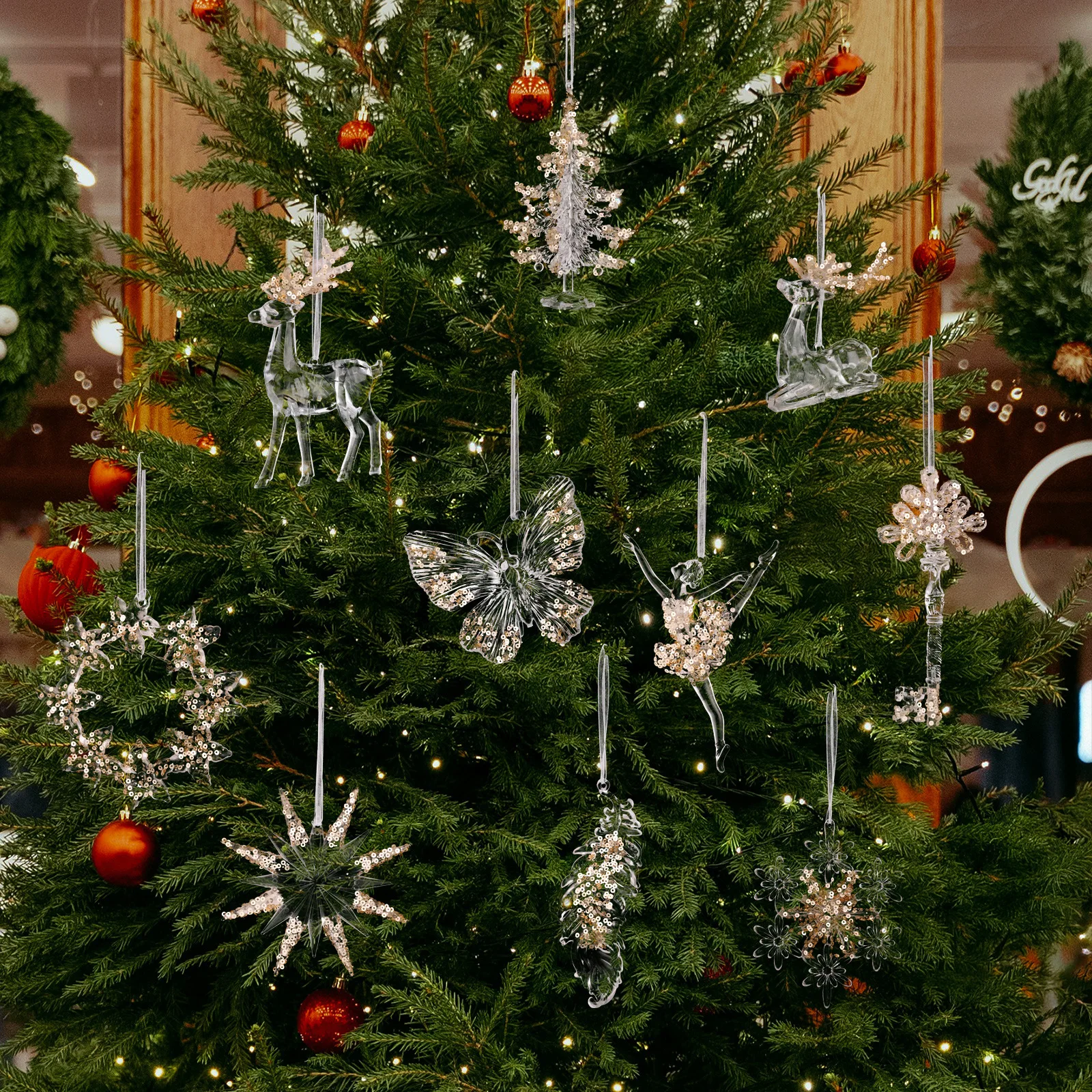 Christmas Crystal Clear Acrylic Snowflake Butterfly Key Pendant Xmas Tree Ornaments Christmas Decoration For Home Navidad Noel
