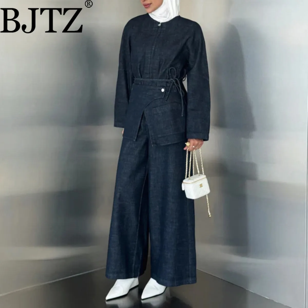 

BJTZ Denim Round Neck 3PC Set For Woman 2025 Spring Autumn New Trendy Fashion Elegant Lace-up Tie-waist Jacket Female Sets
