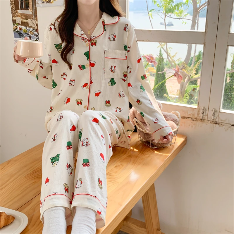 Christmas HelloKitty pajamas cotton long-sleeved trousers two-piece set cartoon Christmas tree loungewear Sanrio women\'s pajamas