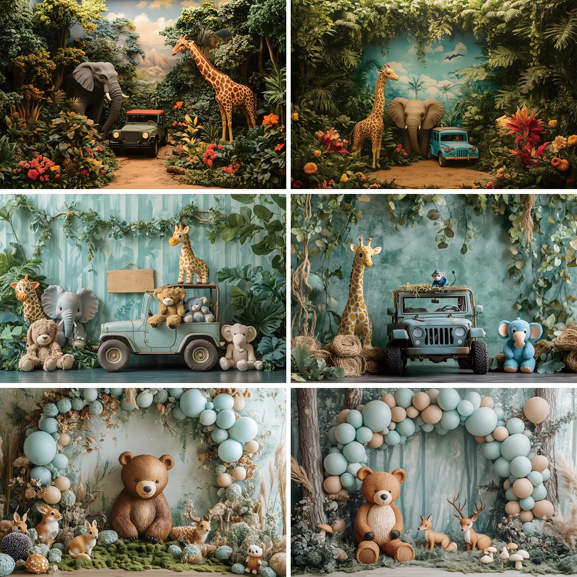 Tropical Safari Jungle Kids Birthday Party Photography Background Giraffe Elephant Bears Forest Jeep Baby Shower Photo Backdrops
