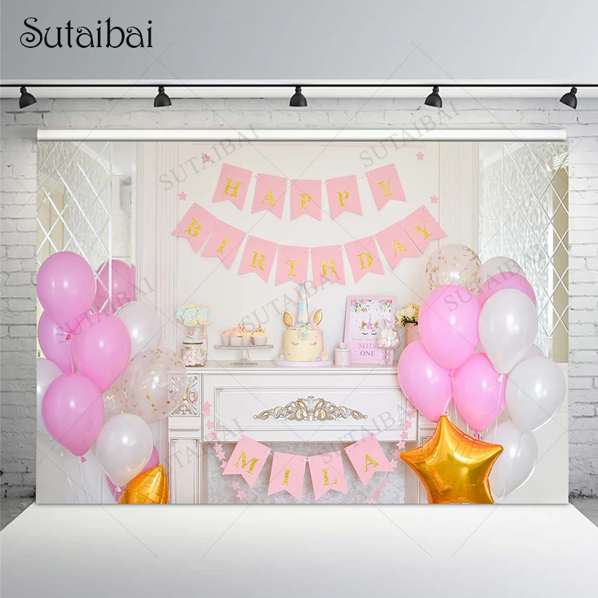 

Backdrops for Happy Birthday Photography Pink Ballons wood Children Cake Smash Background Party Decoration for Studio Props