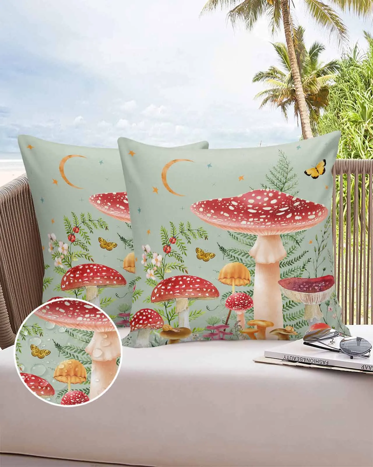 Mushroom Plants Ladybugs Foxes Leaves Green 2/4PCS Outdoor Pillowcase Waterproof Sofa Pillow Cover Garden Cushion Covers Decor