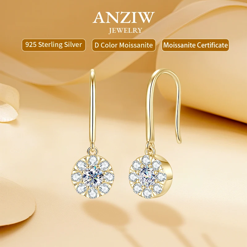 

Anziw 925 Moissanite Drop Hook Earrings Sterling Silver for Women 4mm&2mm Lab Diamond 2025 New Cute Flower Earrings Fine Jewelry