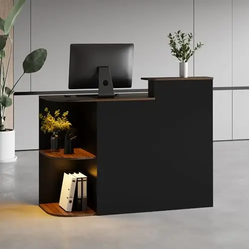 Modern Reception Desk, 51“ Front Desk with LED Light, 2-Tier Open Front Storage, Lockable Drawer & Hidden Power Outlet