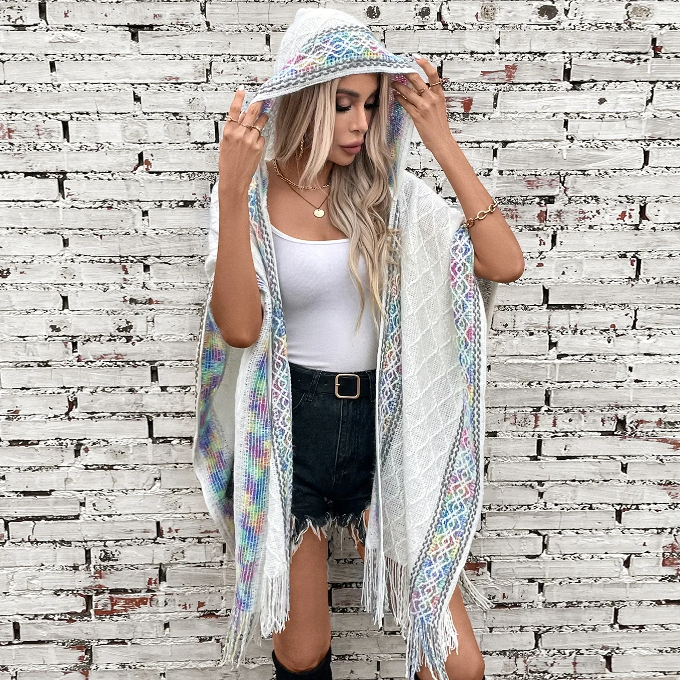 Women Vintage Knitted Hooded Poncho Cape Print Tassel Shawl Open Stitch Cloak Sleeveless Vest Sweater Elegant Office Lady