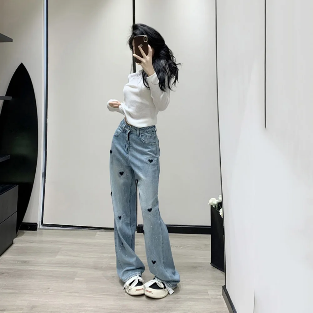 Korean Summer Fashion Love Diamonds Baggy Jeans Women's Clothing Temperament High Waist Long Denim Pants For Female Trousers