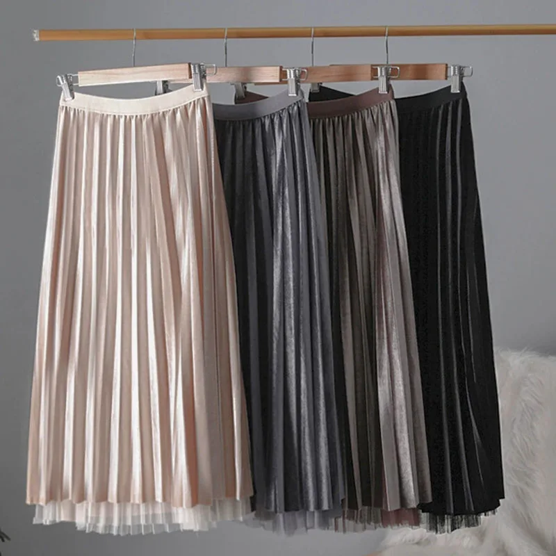 Vintage Gold Velvet Pleated Skirts Women Fashion Double-Sided Wear High Waisted Long Skirt Autumn New Versatile Mesh Midi Skirts