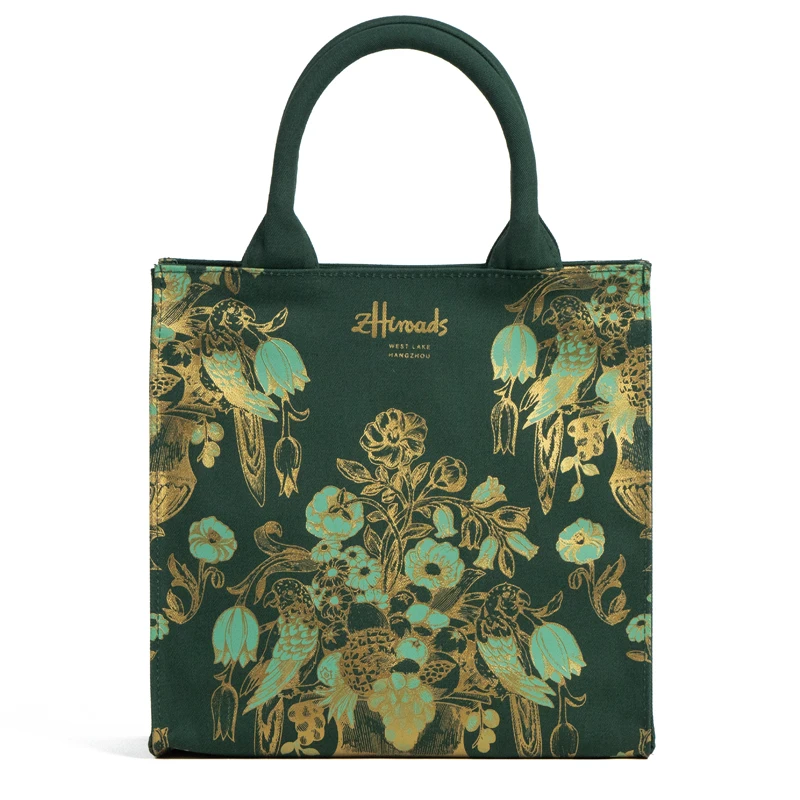 Vintage Floral Print Cotton Canvas Tote Bag Eco-Friendly Reusable Shopping Handbag for Women