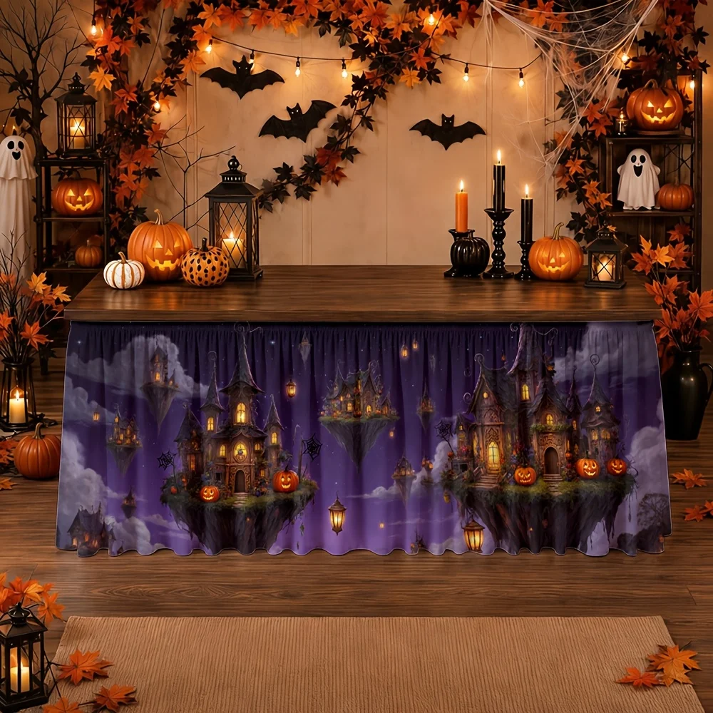 1 piece of tablecloth, Halloween ghost castle floating island, pumpkin lantern, purple night Fantasyzyc