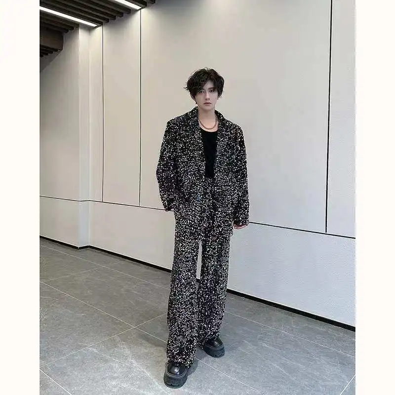 Spring Autumn Street Style Cool Men's Performance Outfit Red and Black Sequined Blazer Silver High-Waisted Loose-Fit Pants Set