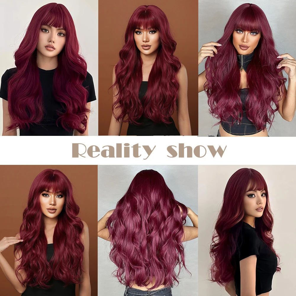 Burgundy Dark Red Synthetic Wigs Long Wavy Wine Red Cosplay Wig with Bangs for Women Natural Body Wave Halloween Heat Resistant