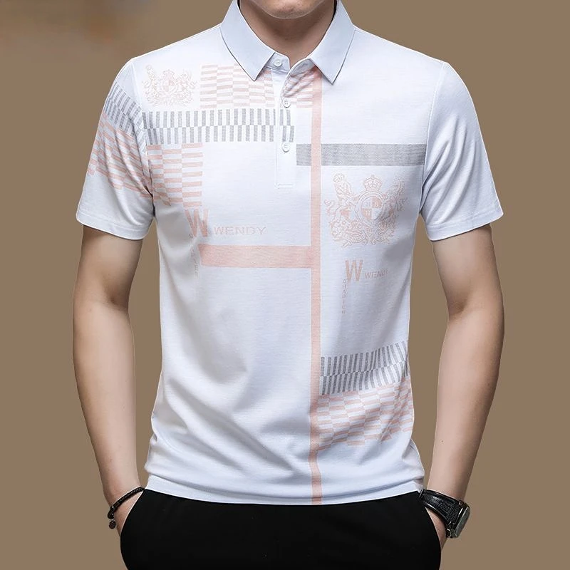 Men\'s Polo Shirt Business Casual Summer Short Sleeves Tops Pattern Print Button T Shirt Loose Clothes Fashion Polo T Shirt