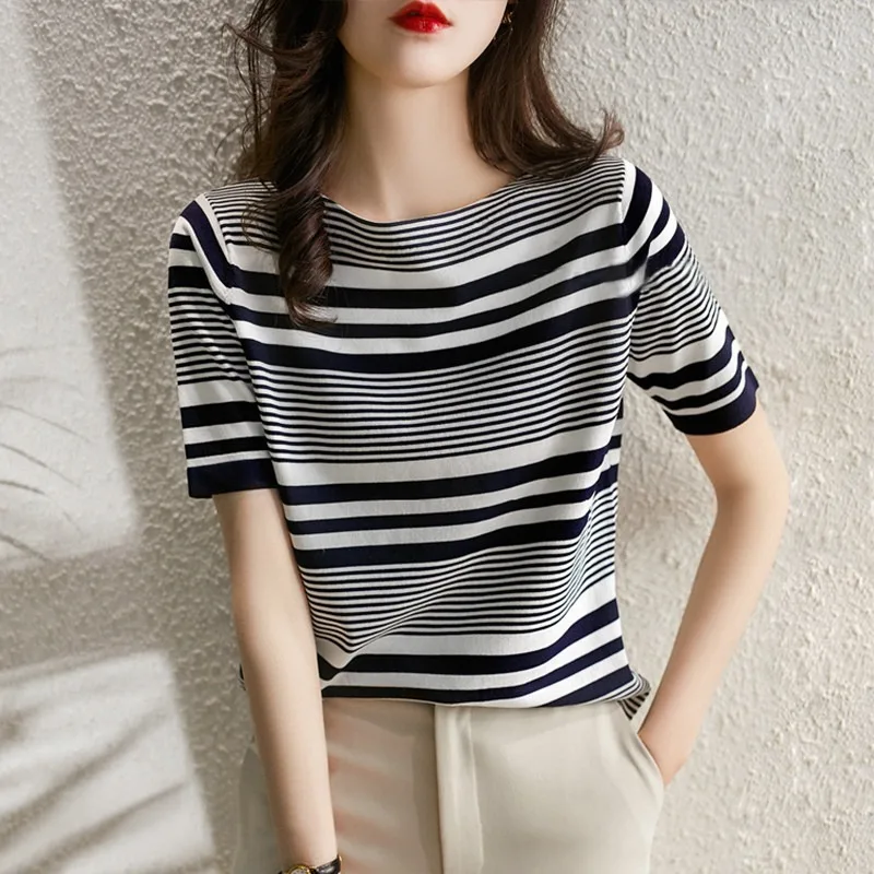

Women New Summer Stripe Short-sleeved Tees O-Neck Fashion Color Matching Off Shoulder T-shirt Casual Knit All-match Top Q912