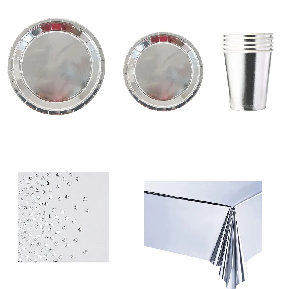 Décorations d'anniversaire à thème couleur unie argentée, assiettes de fête jetables, tasses, nappe EVJF, fournitures de fête de mariage pour adultes, coupon