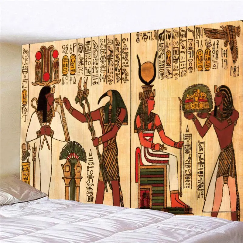 Vintage Egyptian Goddess Wall Tapestry Old Papyrus Hieroglyph Wing Sun Ancient Civilization Room Hanging Cloth Decor