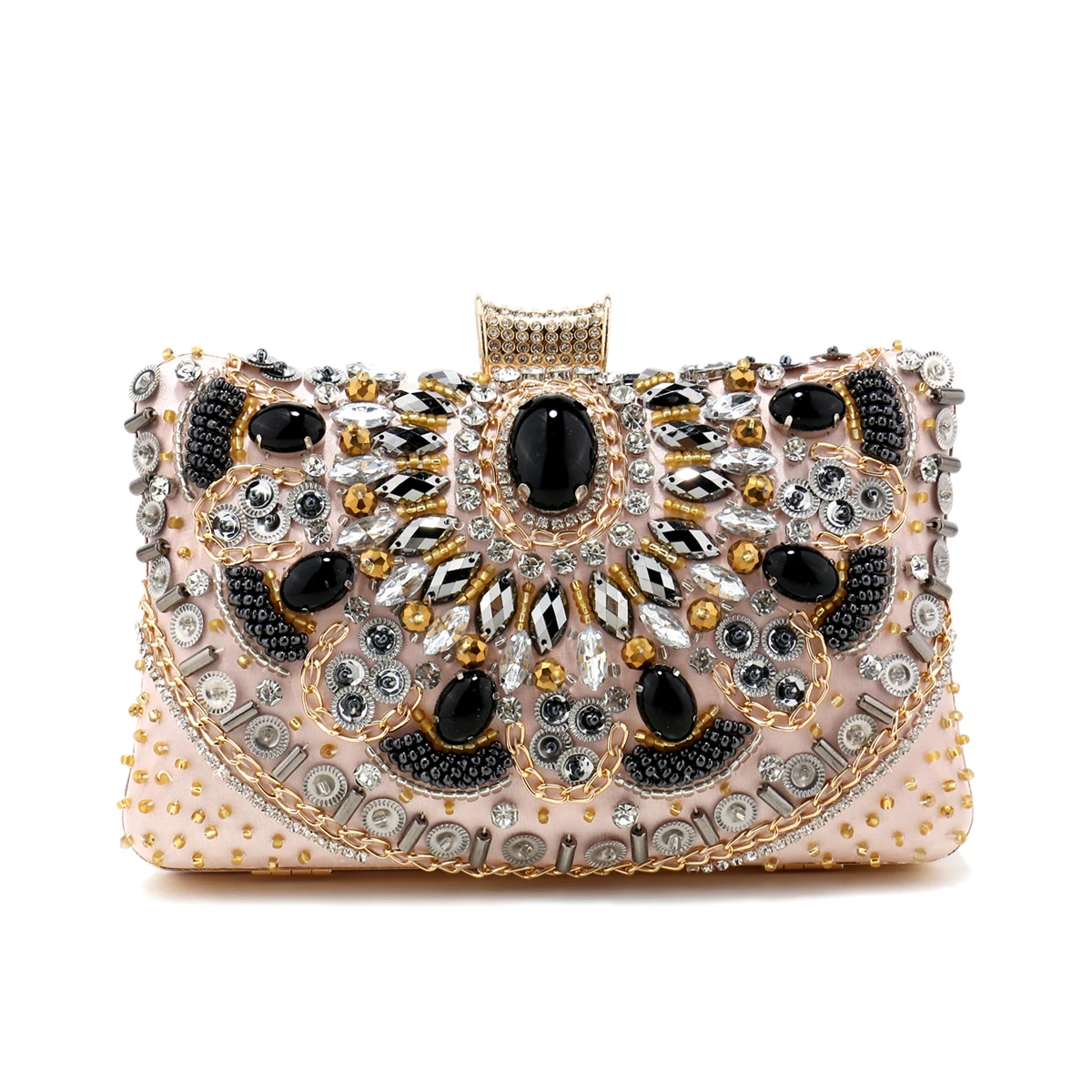 Vintage Women Black Beaded Evening Clutch Bags Ladies Box Metal Clutches Wedding Cocktail Party Handbags Purses