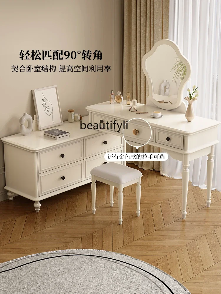 E153 White cream wind solid wood dresser light luxury makeup table telescopic storage chest integrated