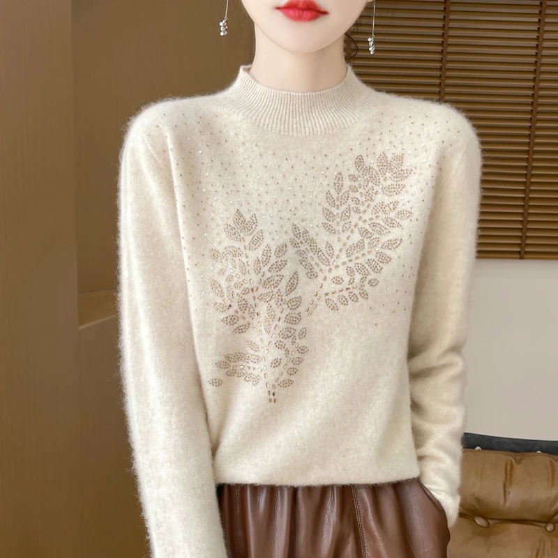 

100% Pure Wool.Printed Diamond Studded Long Sleeved New Semi High Neck Knitted Loose Fitting Sweater With Bottom Knitted Sweater