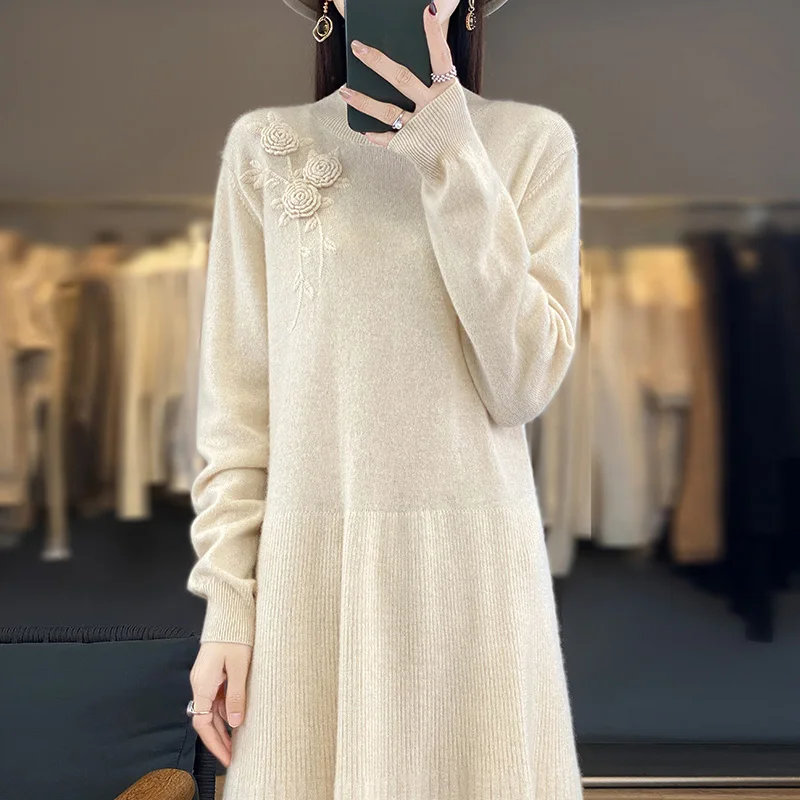 Long Over-the-Knee Knit Dress, Cashmere Skirt, Embroidered, French Sweater, Autumn and Winter